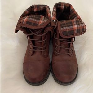 Brown plaid ankle boots